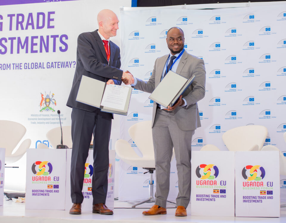 The Head of the European Investment Bank Regional Hub – East Africa, Edward Claessen, with TowerCo of Africa Uganda CEO, Geoffrey Donnels Oketayot, during the announcement on the sidelines of the Uganda-EU Business Forum